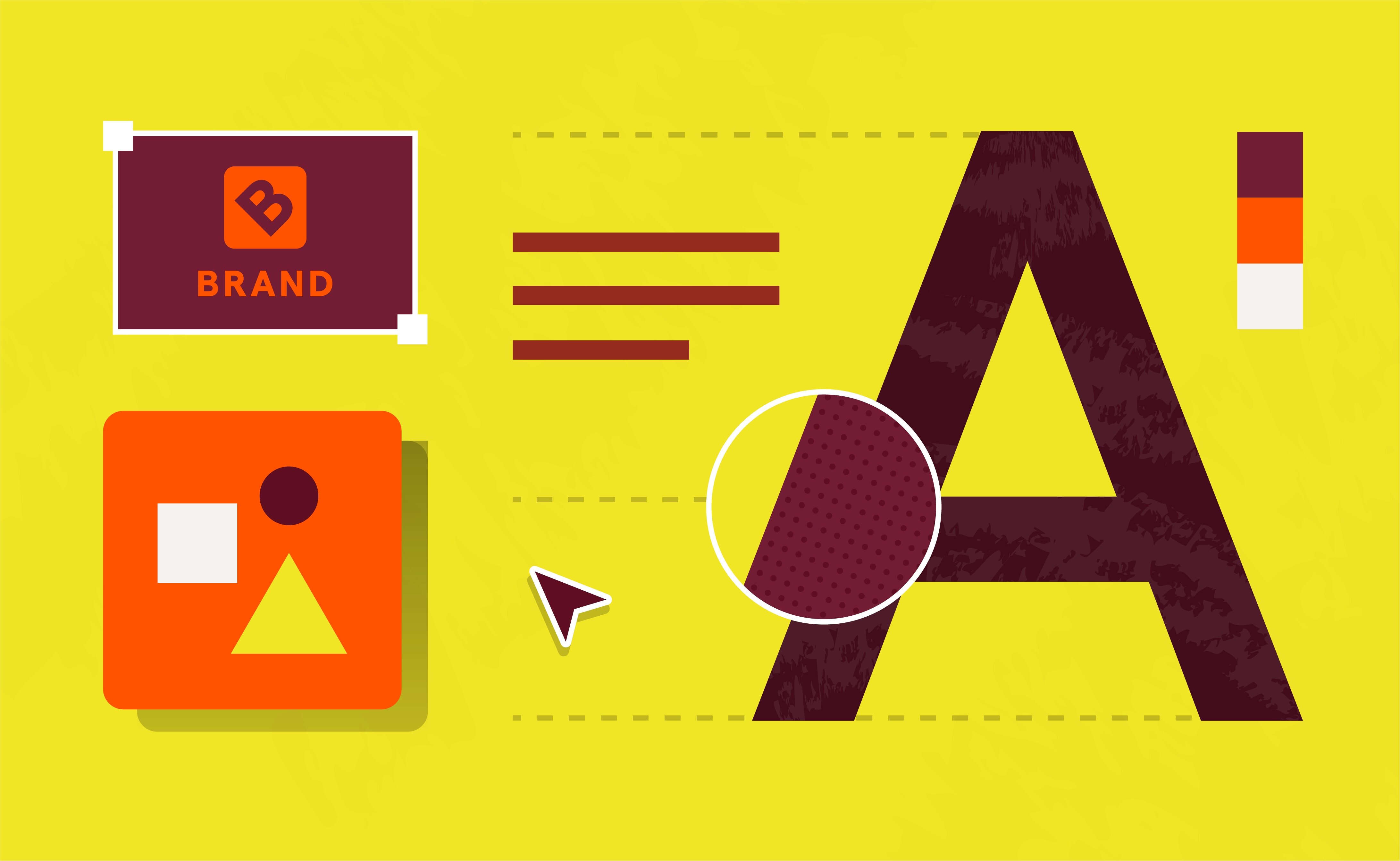 Ilustracja z przykładowymi elementami brandingu – logo, typografią, paletą kolorów i ikoną