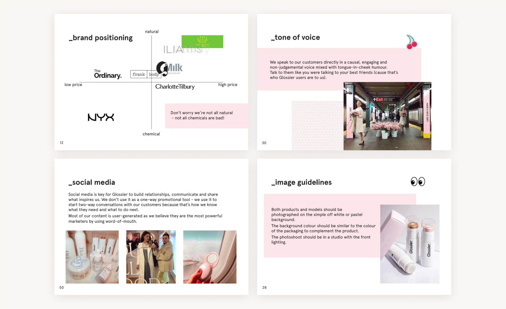 Wybrane strony z brandbooka Glossier. Opisują one komunikację i język marki, wytyczne do zdjęć oraz pozycjonowanie firmy względem innych firm z branży beauty.