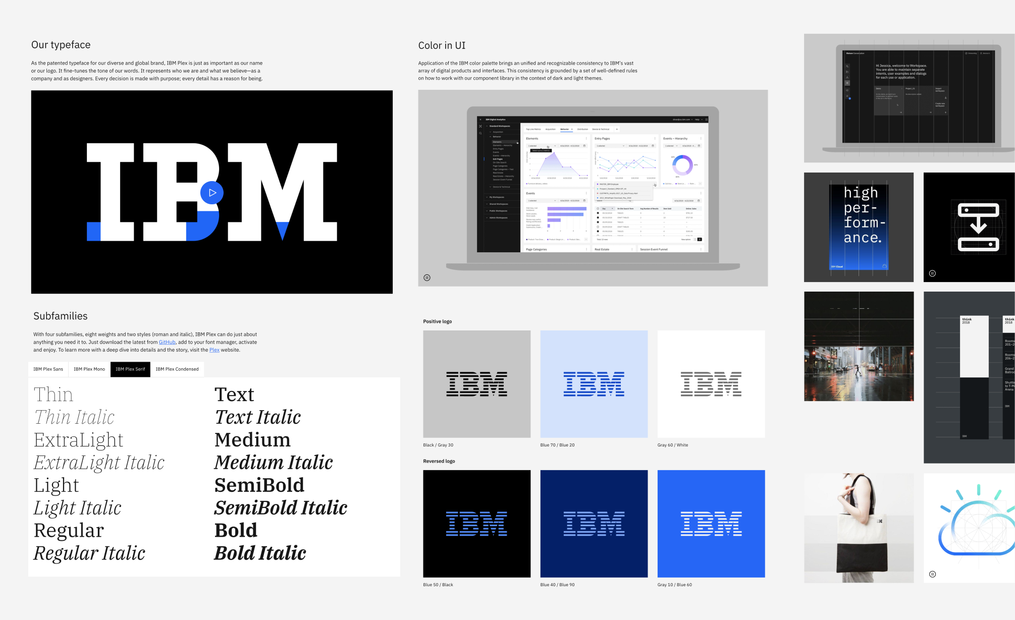 Fragmenty strony internetowej IBM. Na grafice znajdują się elementy opisujące logo, dopuszczalne warianty kolorystyczne znaku, firmową typografię oraz przykład użycia kolorystyki firmowej w interfejsie aplikacji.