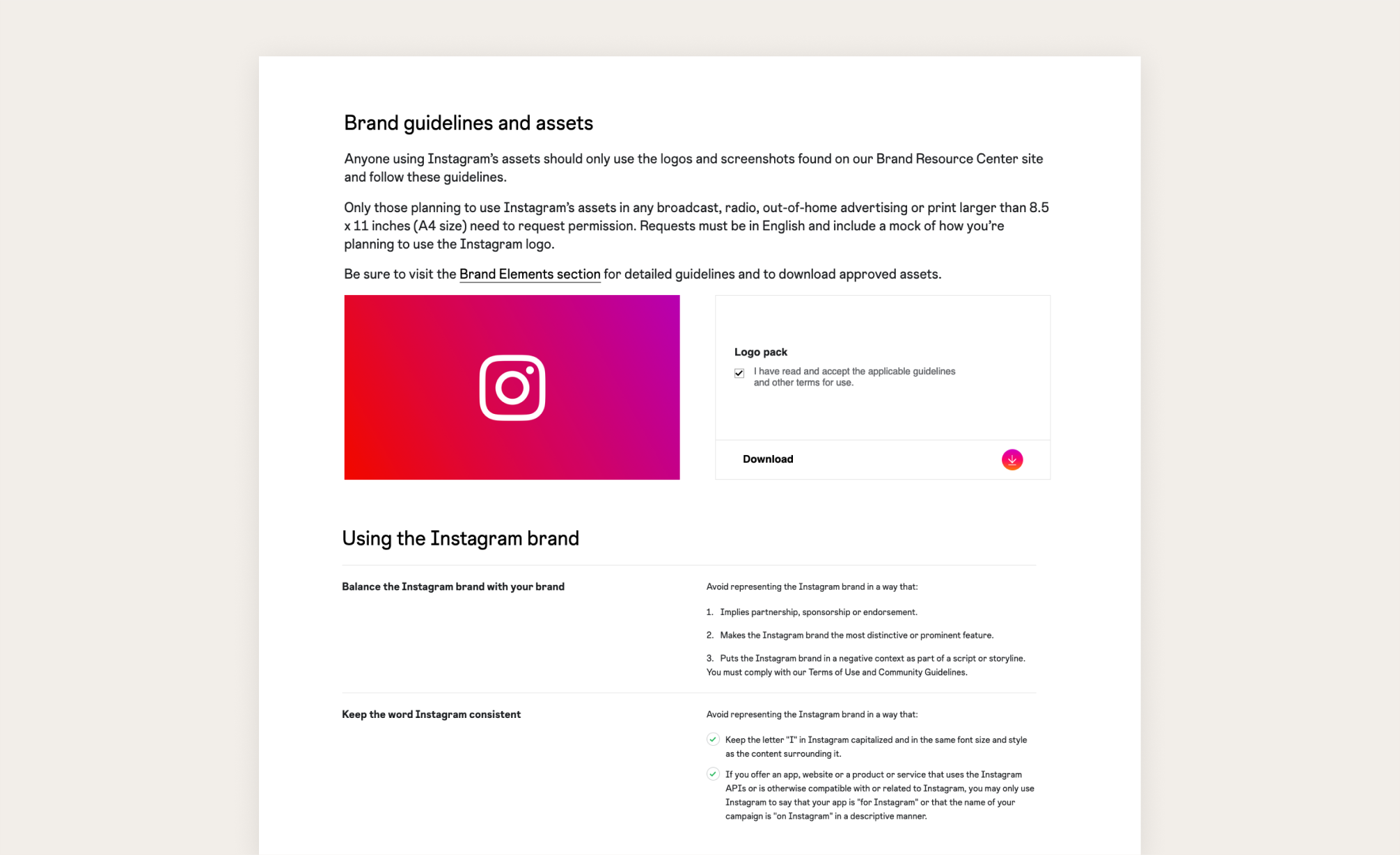 Fragment strony interentowej Instagram z wytycznymi prawnymi dotyczącymi użycia znaku. Na stronie znajduje się logo Instagram do pobrania oraz szczegółowe opisy dotyczace zasad korzystania ze znaku i nazwy marki.