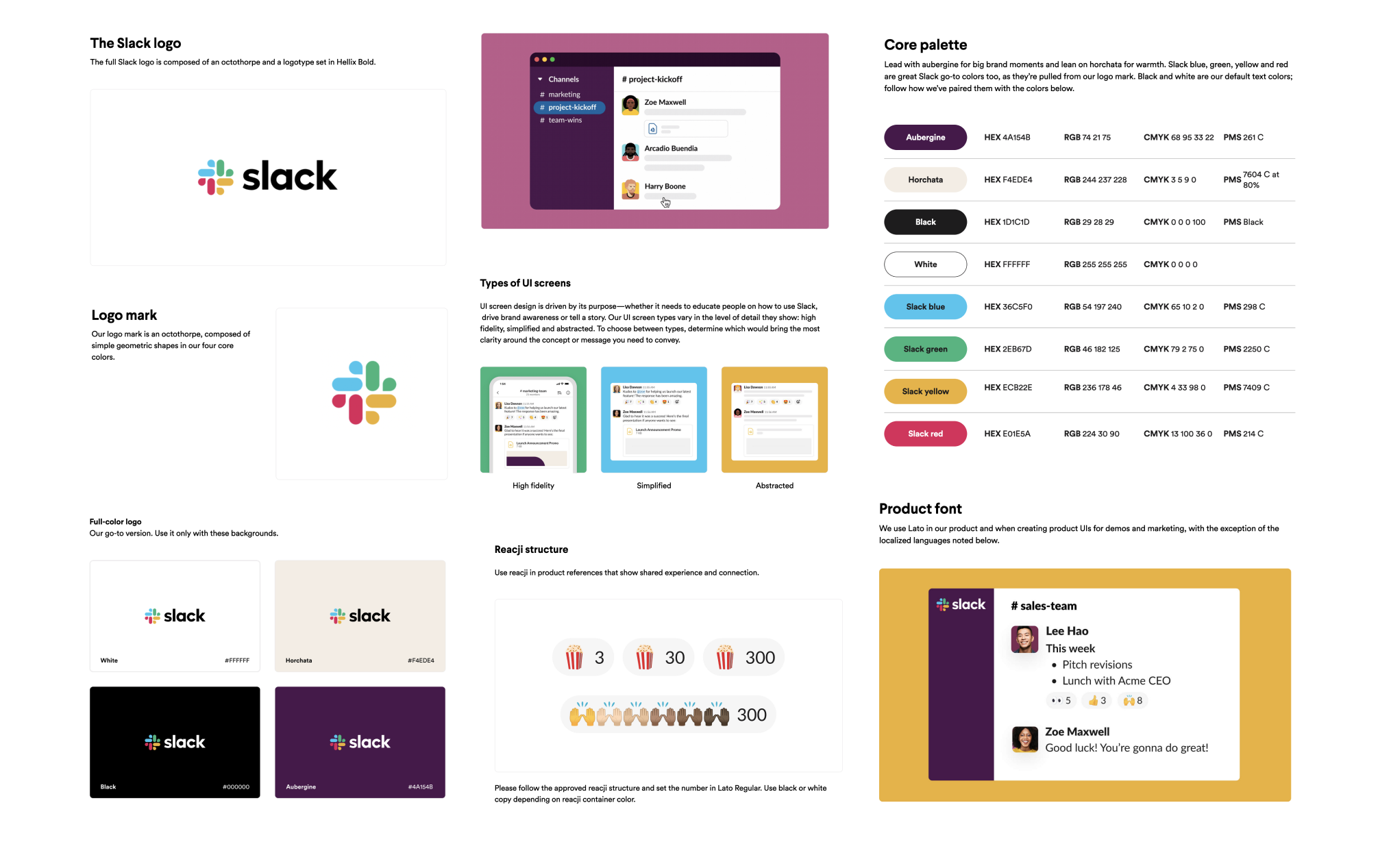Fragmenty strony internetowej z wytycznymi języka wizualnego firmy Slack. Przedstawiają one zasady użycia logo, kolorystykę firmową oraz elementy aplikacji z wytycznymi do użycia typografii i emoji w reakcjach na wiadomości.