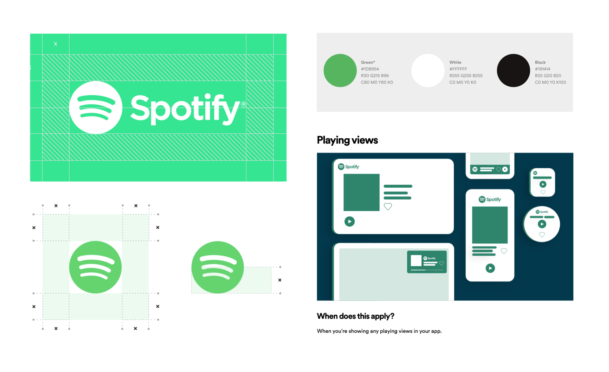 Fragmenty strony internetowej Spotify, które przedstawiają zasady użycia logo, kolorystykę i uproszczone widoki aplikacji.