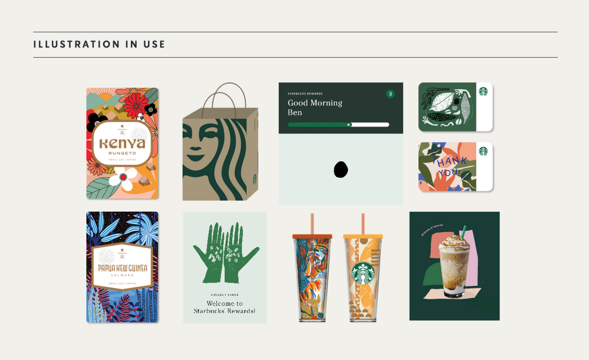 Fragment strony internetowej Starbucks. Na grafice znajdują się opakowania, karty podarunkowe, fragmenty strony i menu, które przedstawiają, w jaki sposób są używane ilustracje.