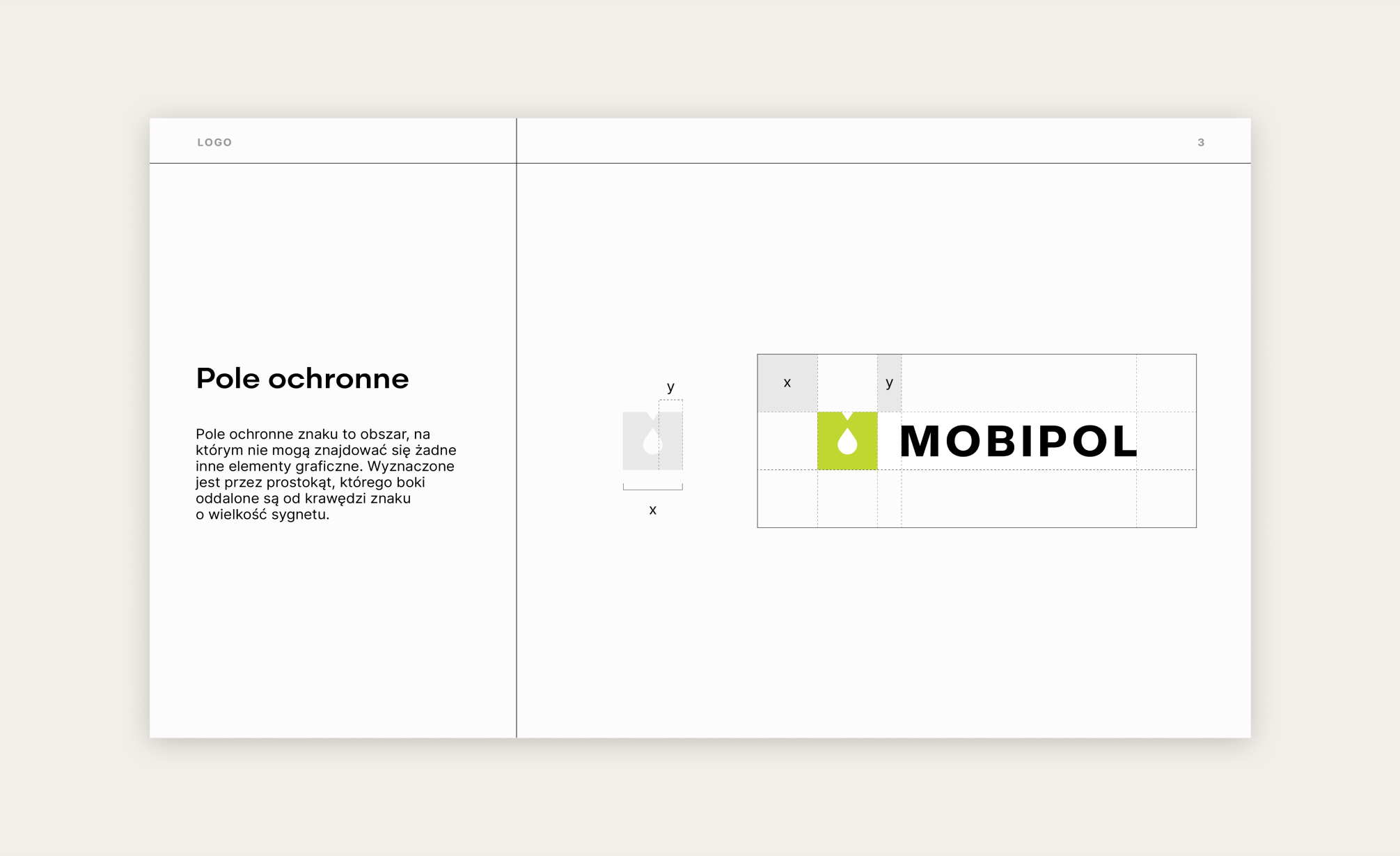 Strona z brandbooka Mobipol przedstawiająca logo firmy oraz pole ochronne.