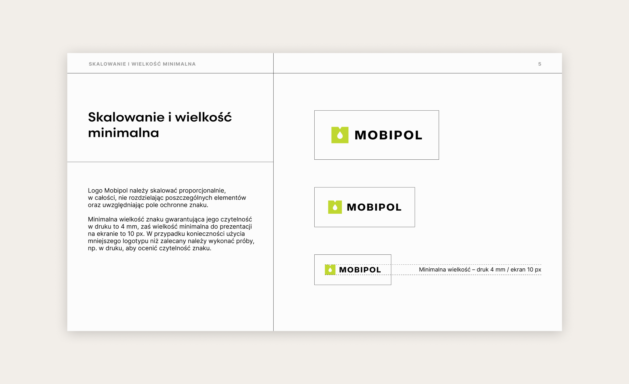 Strona z brandbooka Mobipol przedstawiająca skalowanie znaku oraz jego minimalną wielkość.