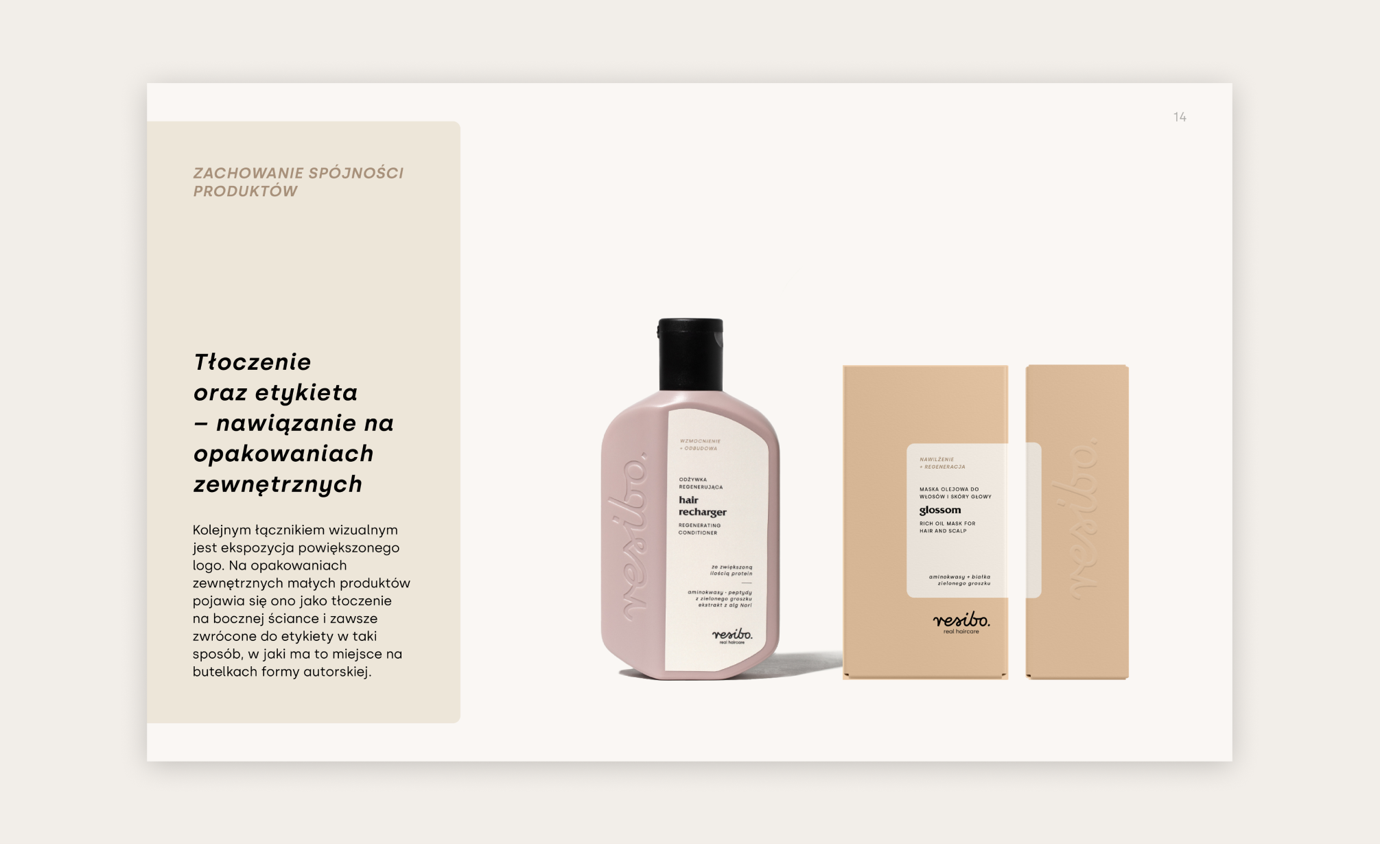 Fragment brandbooka Resibo, na którym przedstawiona jest butelka szamponu oraz kartonik olejku do włosów. Strona zawiera informacje na temat wytłoczenia logo, które pojawia się na opakowaniach.