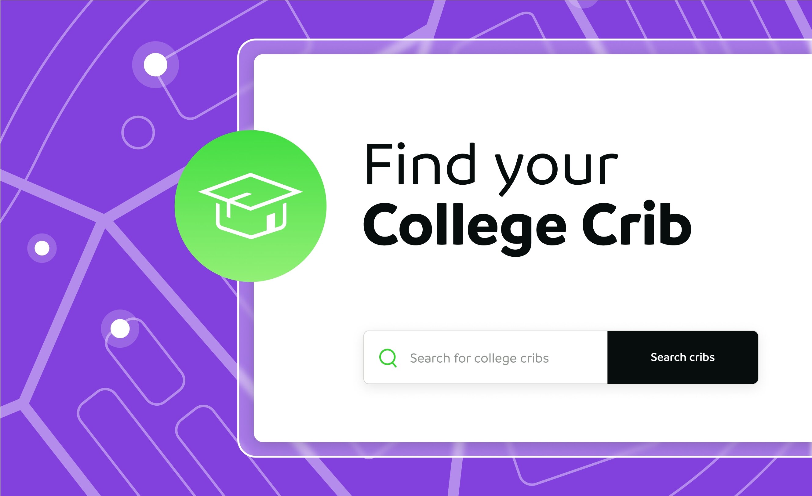 Okładka portfolio z logo College Cribs i uproszczoną mapą na fioletowym tle
